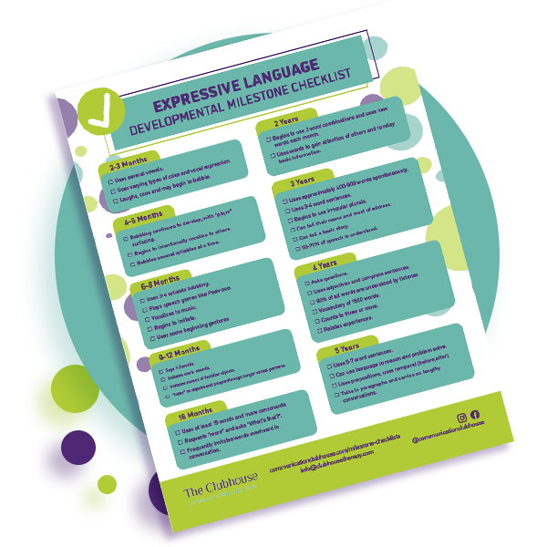 Preview of Expressive Language Milestone Checklist provided by Communication Clubhouse Therapy