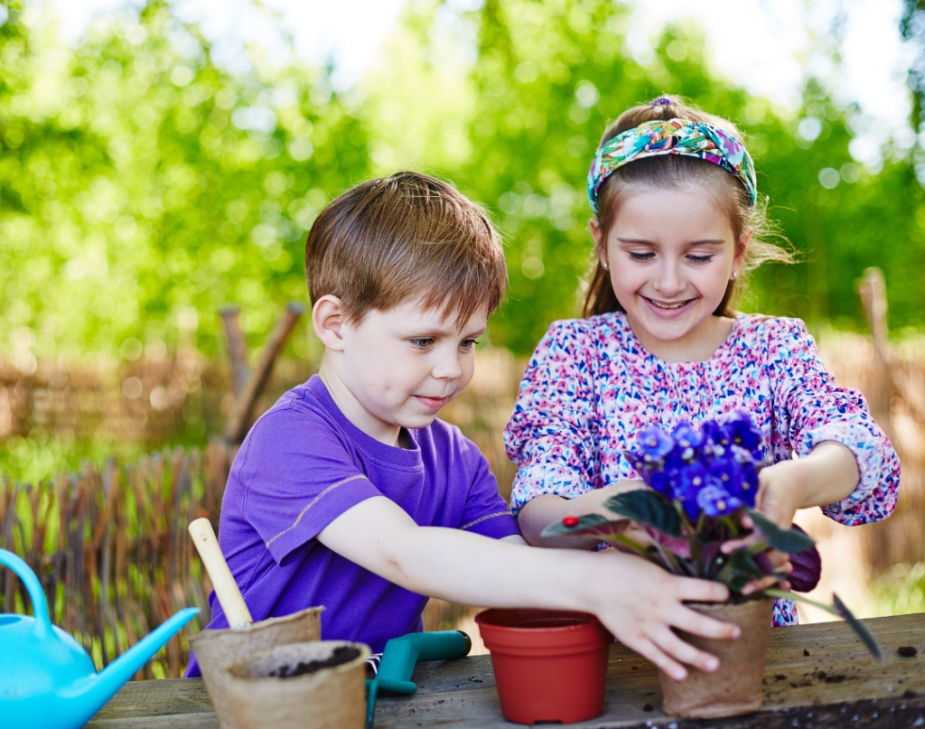 children working on stutter through garden activities